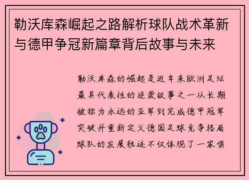勒沃库森崛起之路解析球队战术革新与德甲争冠新篇章背后故事与未来